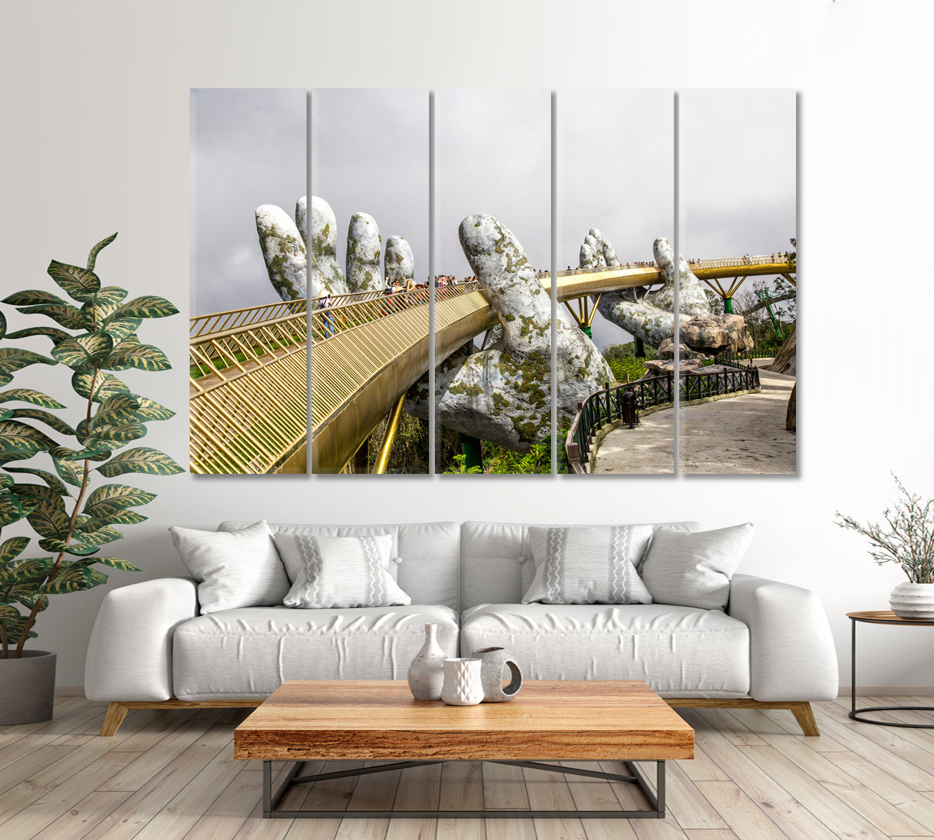 GOLDEN BRIDGE Lifted by Two Giant Hands Tourist Resort Vietnam Canvas Print Famous Landmarks Artwork Print Artesty 5 panels 36" x 24" 