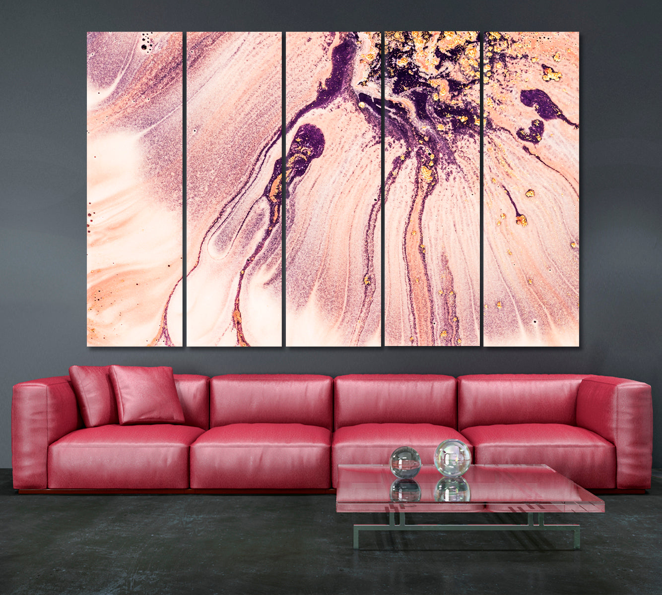 Pink Pale Rosette Gentle Romantic Marble Pattern Fluid Art, Oriental Marbling Canvas Print Artesty 5 panels 36" x 24" 