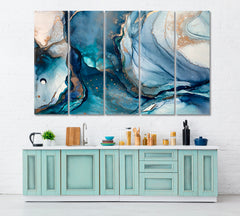 Ink Landscape Abstract Blue Marble Golden Weines Fluid Art, Oriental Marbling Canvas Print Artesty 5 panels 36" x 24" 