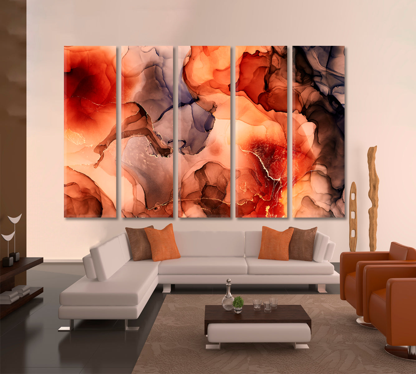 Ink In Water Abstract Modern Marble Pattern Fluid Art, Oriental Marbling Canvas Print Artesty 5 panels 36" x 24" 