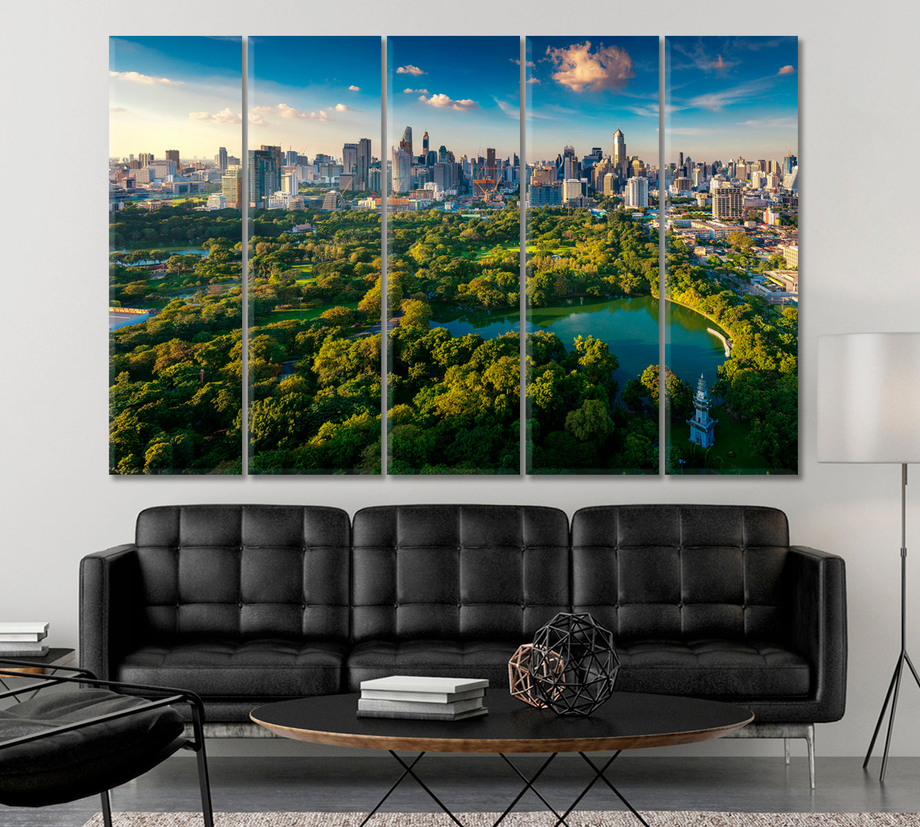 Bangkok Urban Business Cityscape Modern Buildings Lumpini Park Famous Landmarks Artwork Print Artesty 5 panels 36" x 24" 