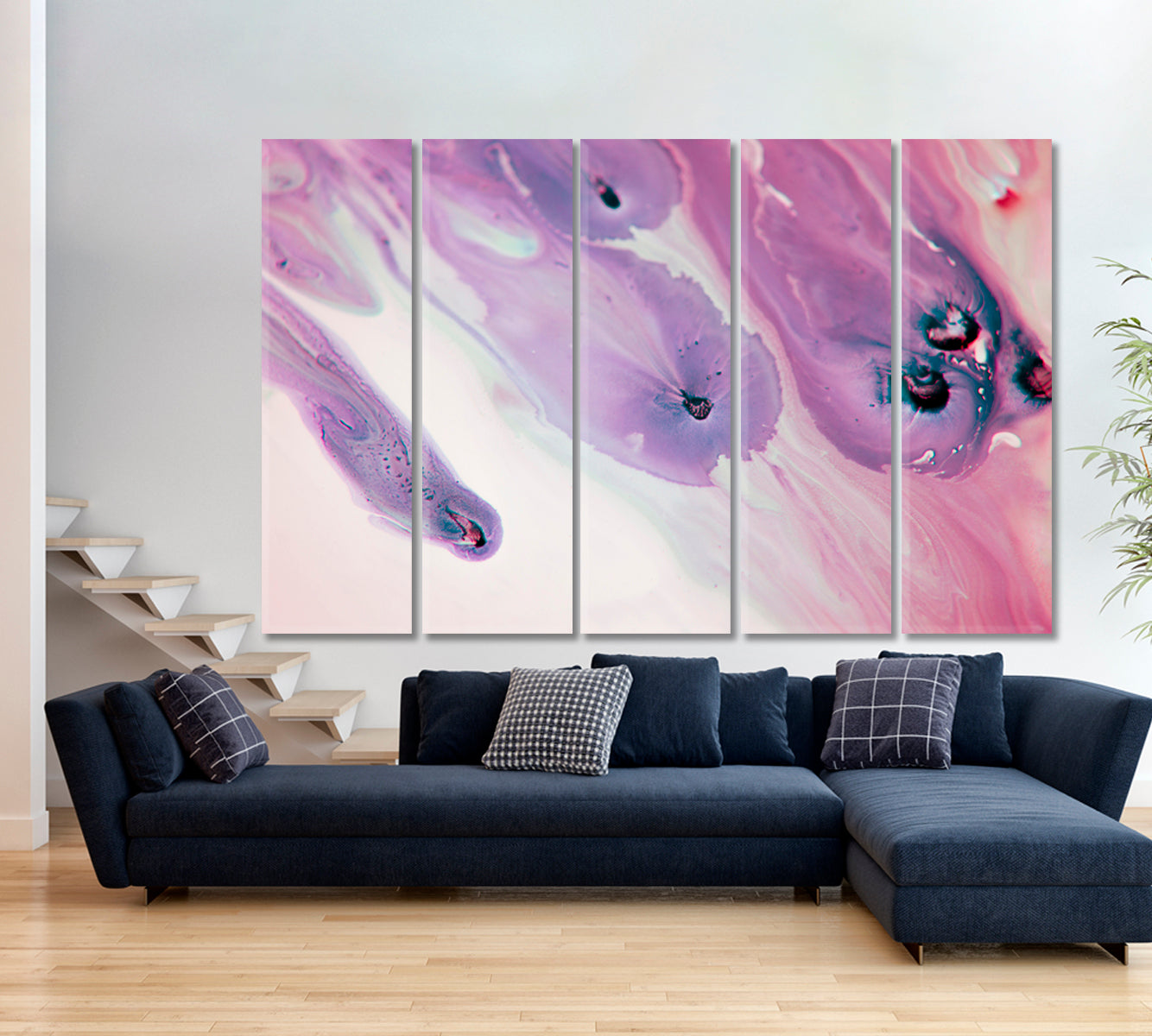 PEARL Pale Pink Powder Lavender Purple Marble Pattern Fluid Art, Oriental Marbling Canvas Print Artesty 5 panels 36" x 24" 