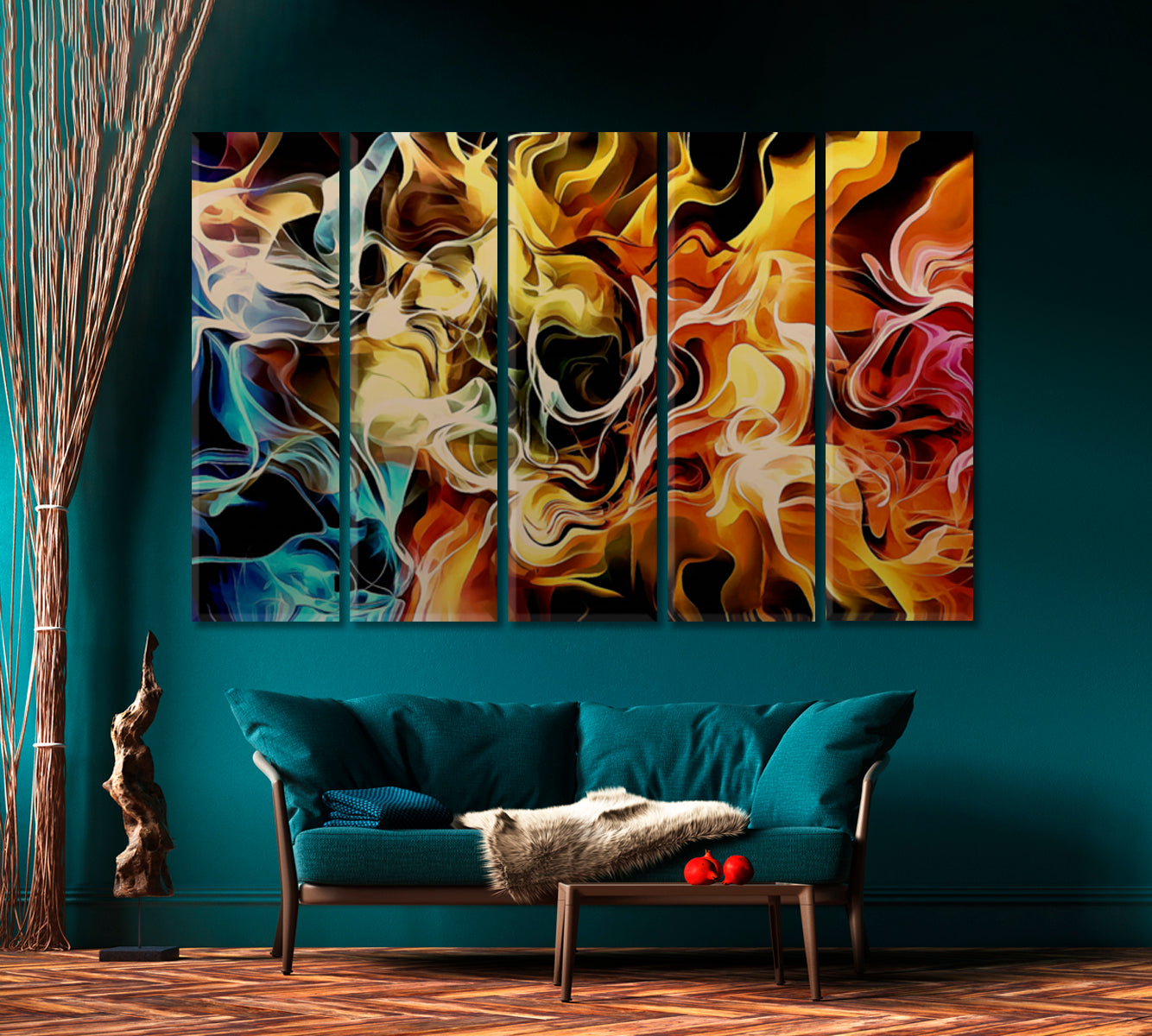 Trendy Abstract Multi Color Fire Smoky Fractal Pattern Abstract Art Print Artesty 5 panels 36" x 24" 