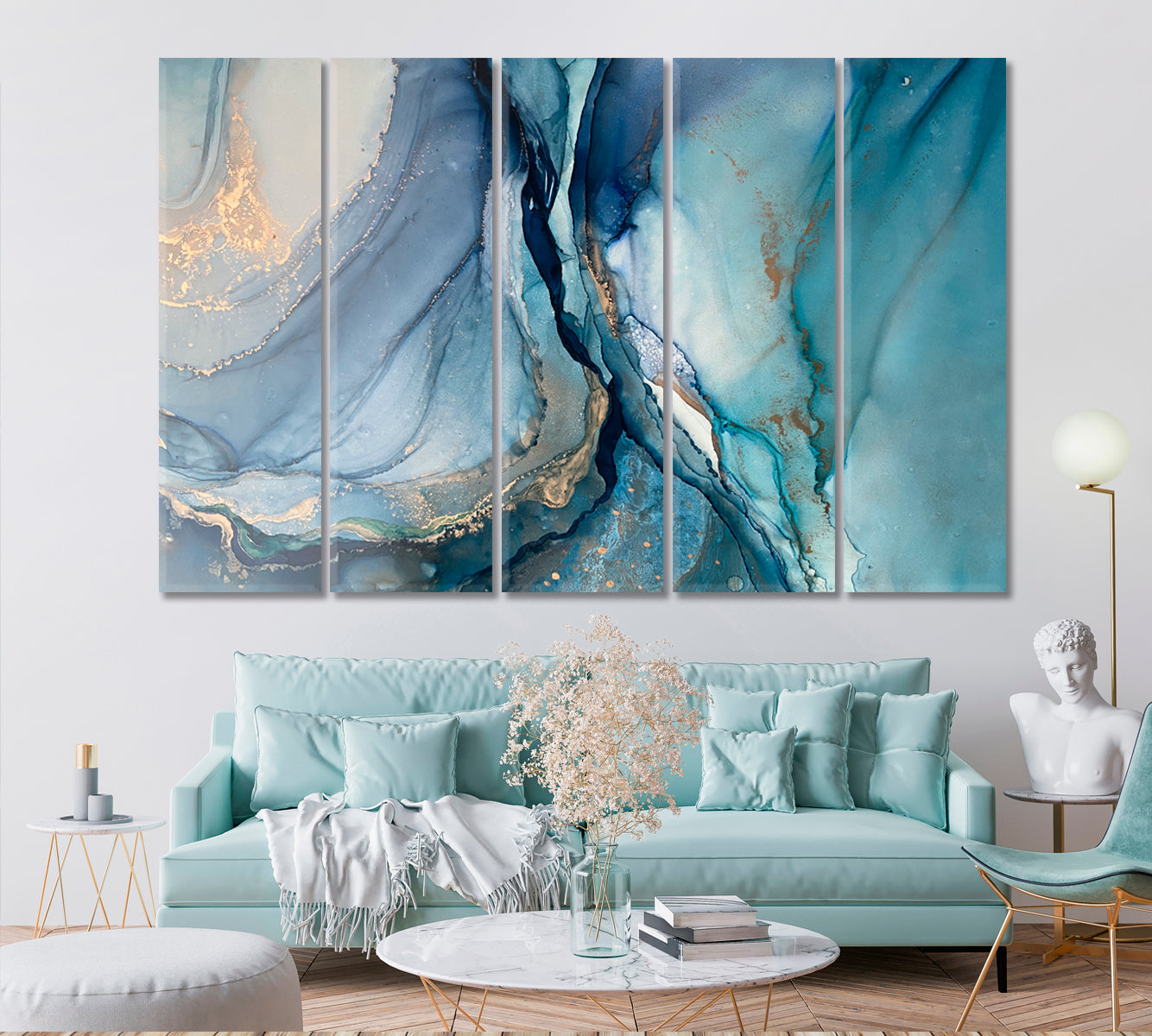 ABSTRACT Blue Ink Landscape Marble Veins Fluid Art, Oriental Marbling Canvas Print Artesty 5 panels 36" x 24" 