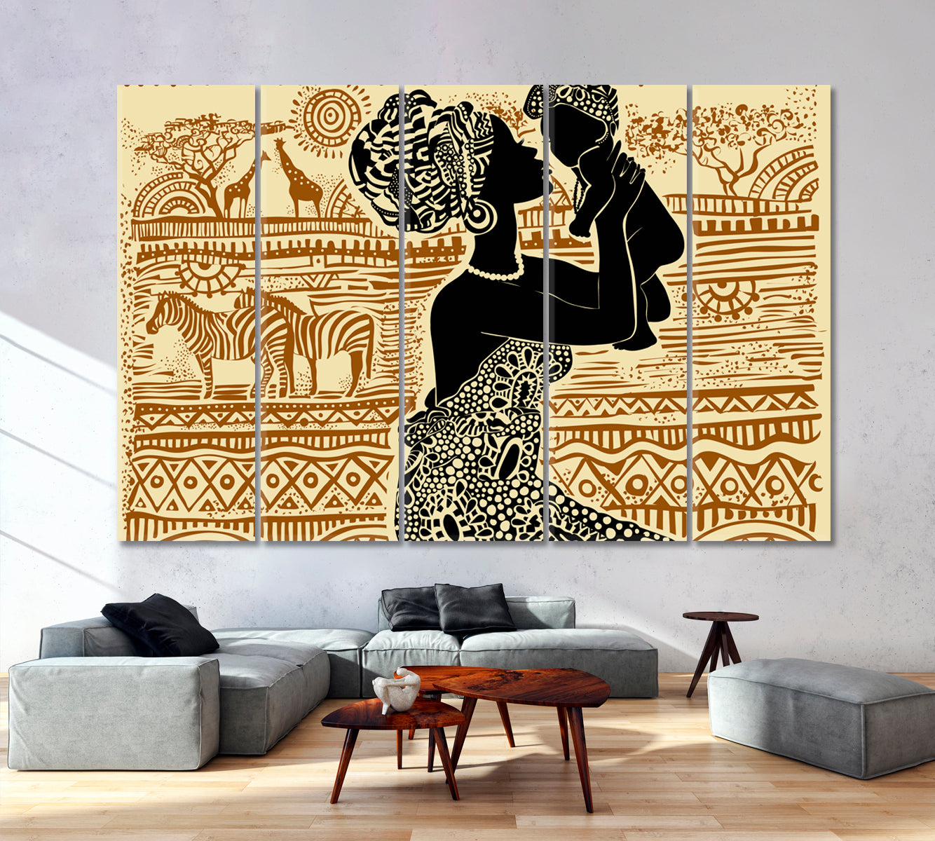 African Ethnic Retro Style, Beautiful African Black Woman With a Baby Sierra Leone Abstract Art Print Artesty 5 panels 36" x 24" 