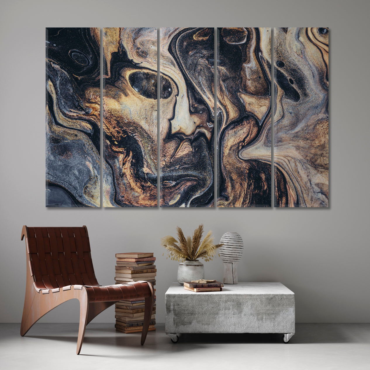 Trendy Marble Fluid Art, Oriental Marbling Canvas Print Artesty 5 panels 36" x 24" 