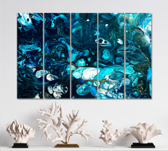 SPACE Abstract Dark Blue Waves Liquid Paint Marble Pattern Fluid Art, Oriental Marbling Canvas Print Artesty 5 panels 36" x 24" 