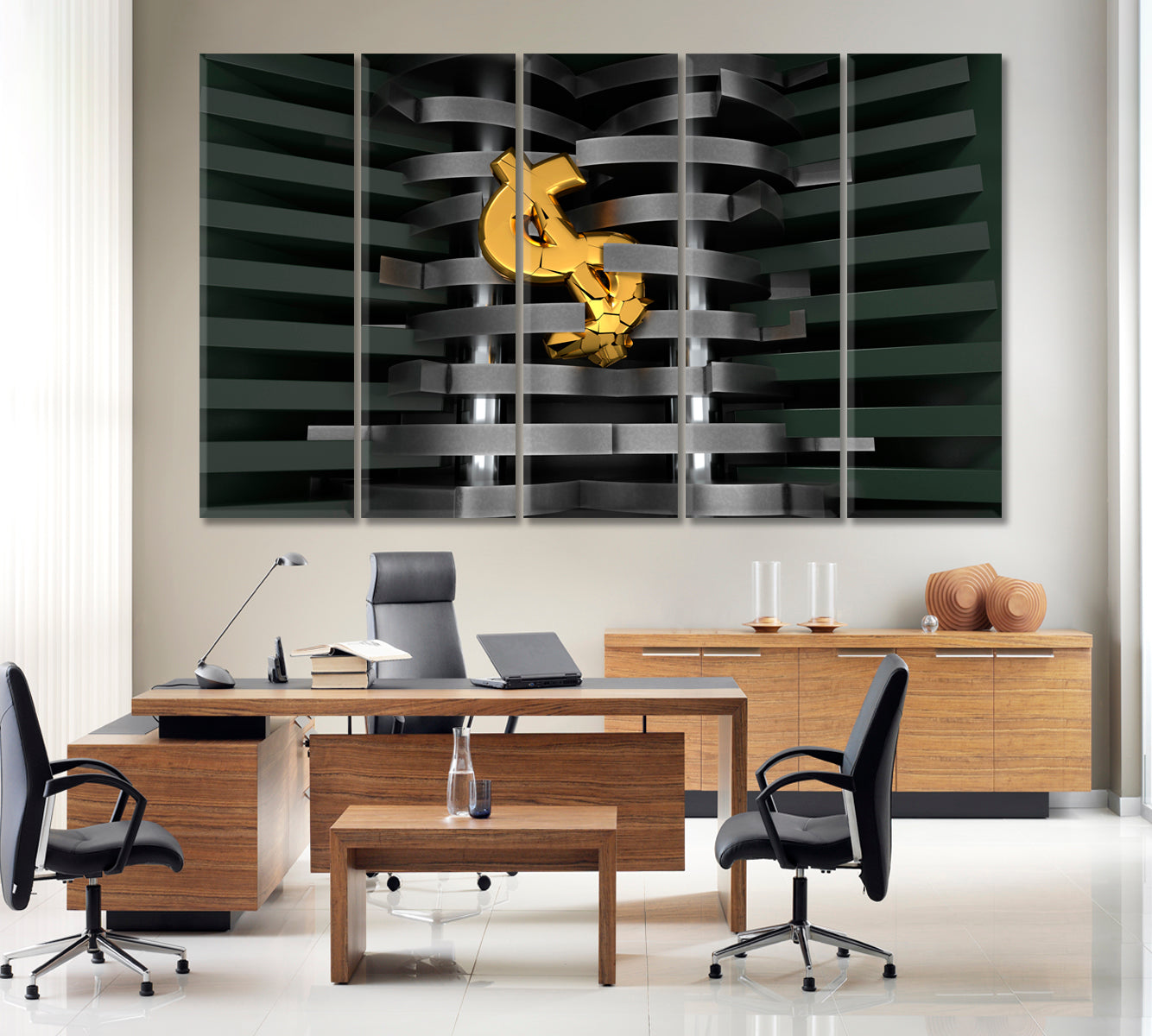 ABSTRACT Golden Dollar Sign Economy Finance Money Business Concept Wall Art Artesty 5 panels 36" x 24" 