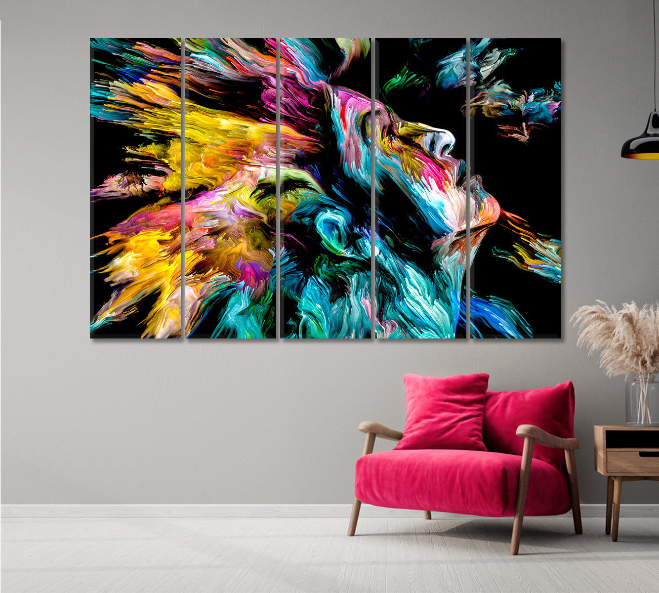 WOMAN AND COLORS EXPLOSION Abstract Modern Art Portrait Contemporary Art Artesty 5 panels 36" x 24" 
