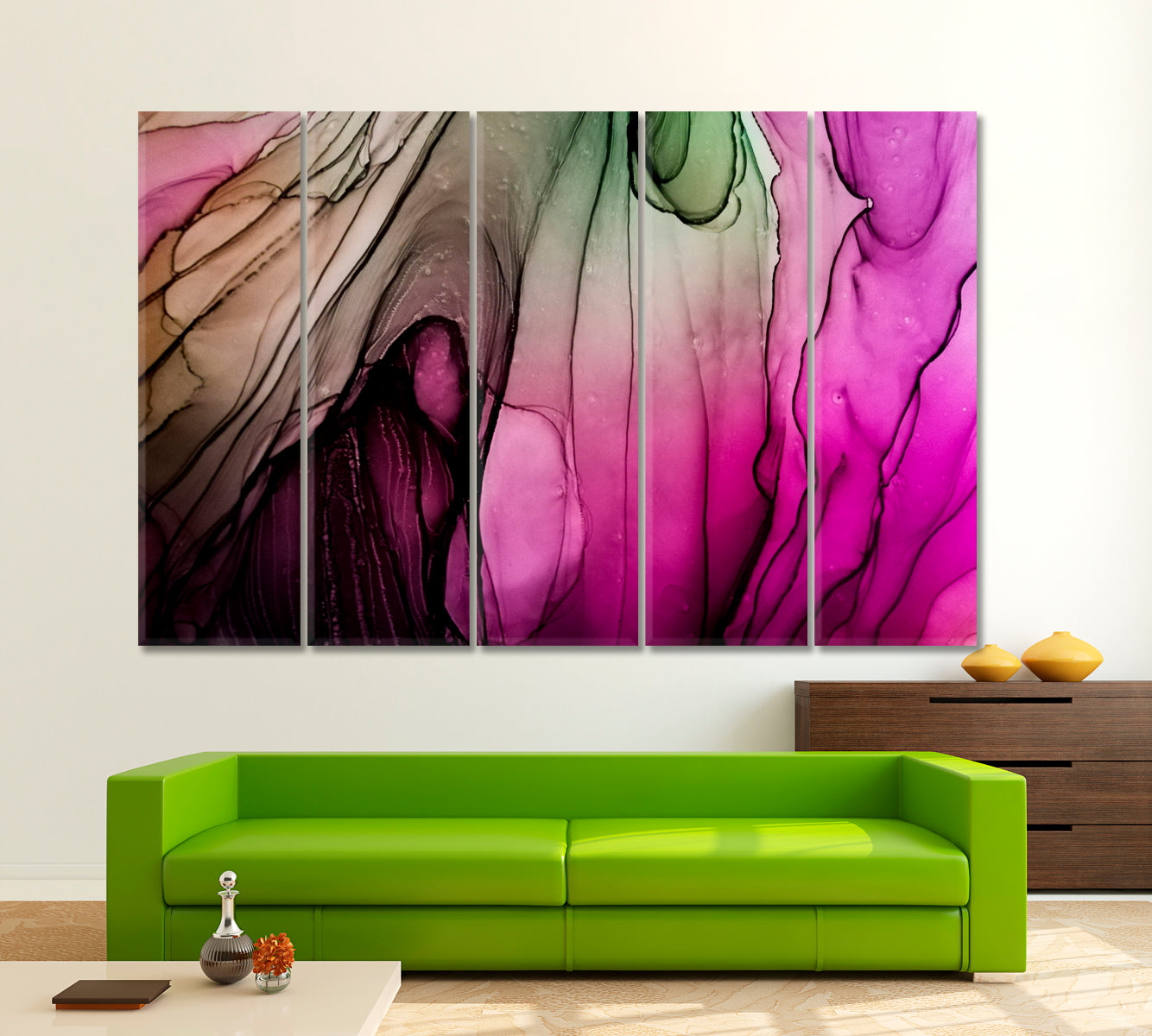 SUMINAGASHI Alcohol Ink Unique Pattern Violet Green Fluid Art, Oriental Marbling Canvas Print Artesty 5 panels 36" x 24" 