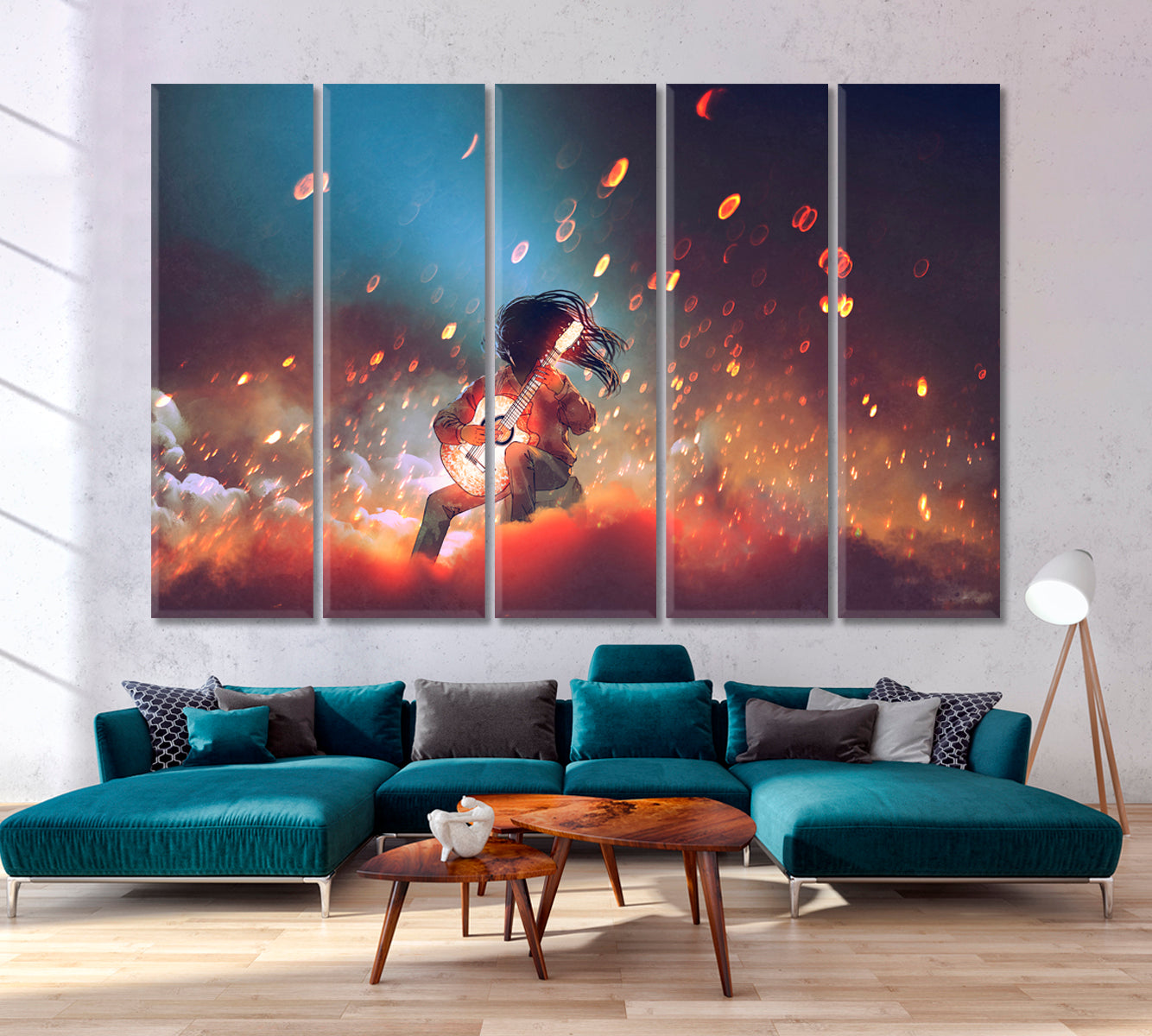 SURREAL Mysterious Man Playing the Glowing Guitar in the Smoke Surreal Fantasy Large Art Print Décor Artesty 5 panels 36" x 24" 