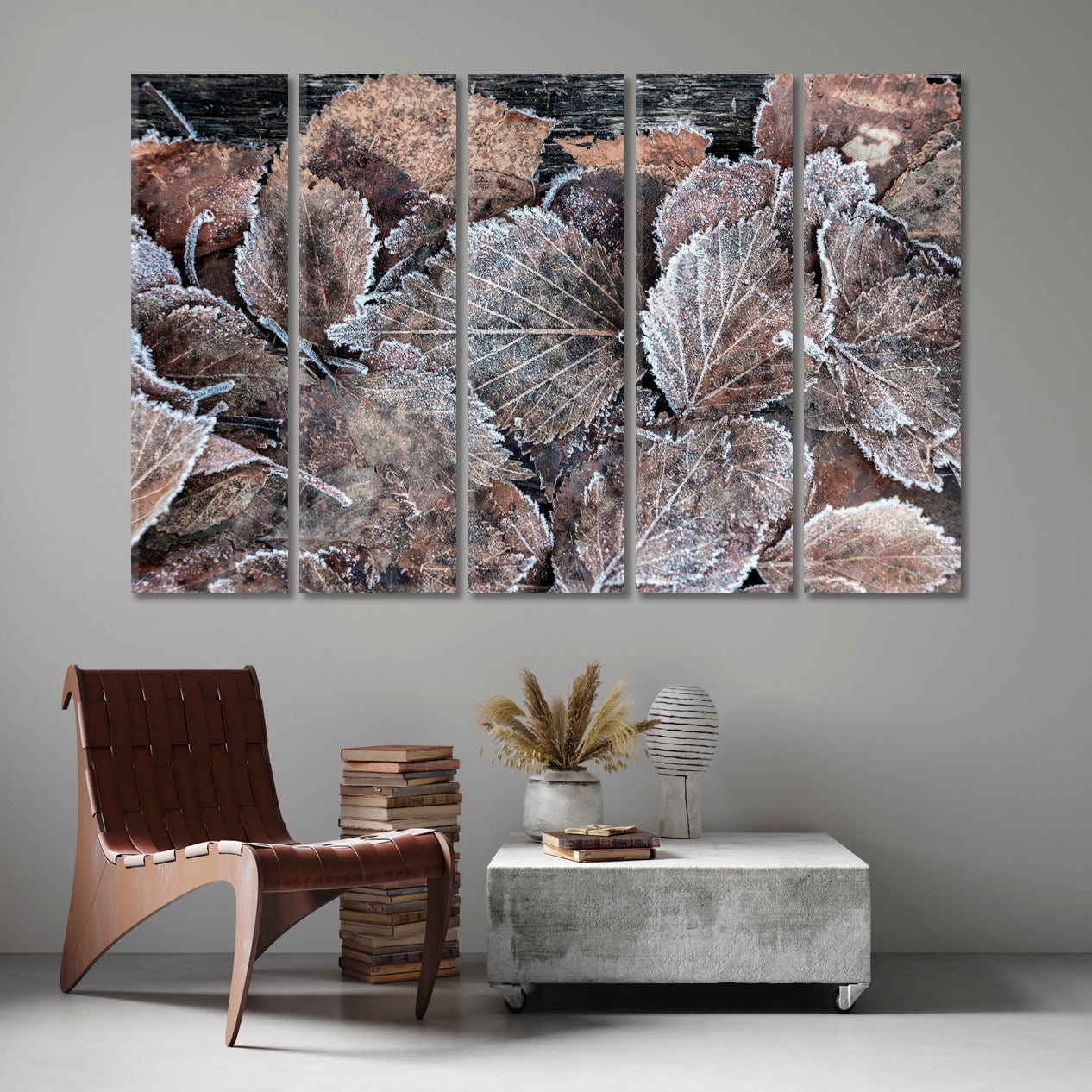 ABSTRACT NATURALISM Frost on Brown Leaf Floral & Botanical Split Art Artesty 5 panels 36" x 24" 