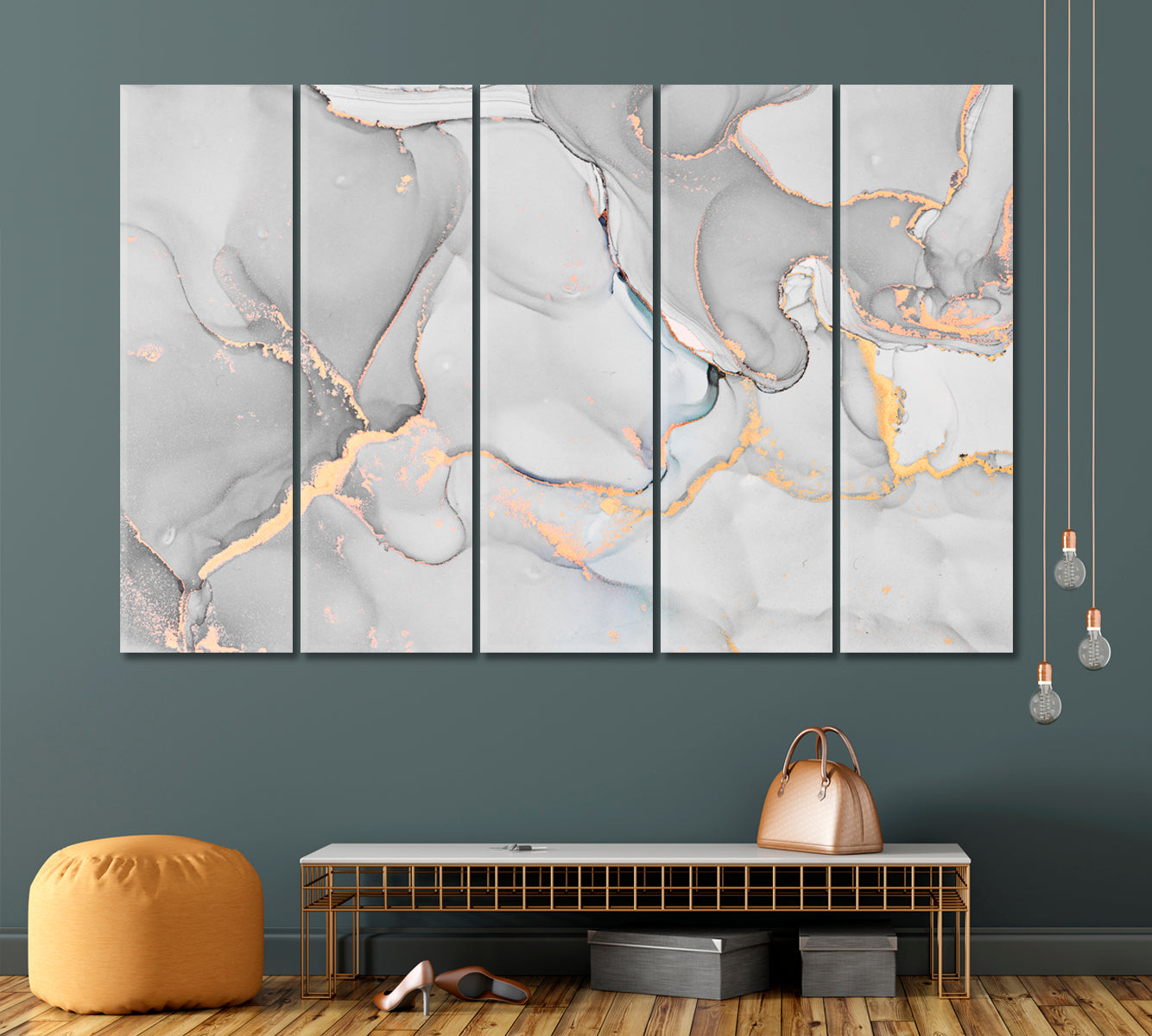 MARBLE Tender Gray White Transparent Waves Abstract Fluid Painting Fluid Art, Oriental Marbling Canvas Print Artesty 5 panels 36" x 24" 