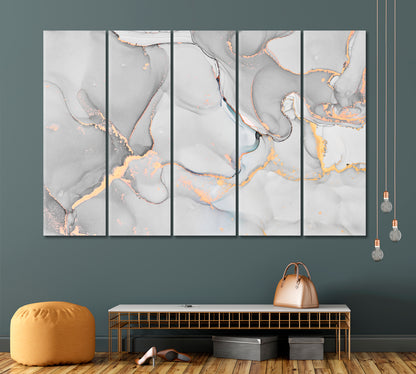 MARBLE Tender Gray White Transparent Waves Abstract Fluid Painting Fluid Art, Oriental Marbling Canvas Print Artesty 5 panels 36" x 24" 