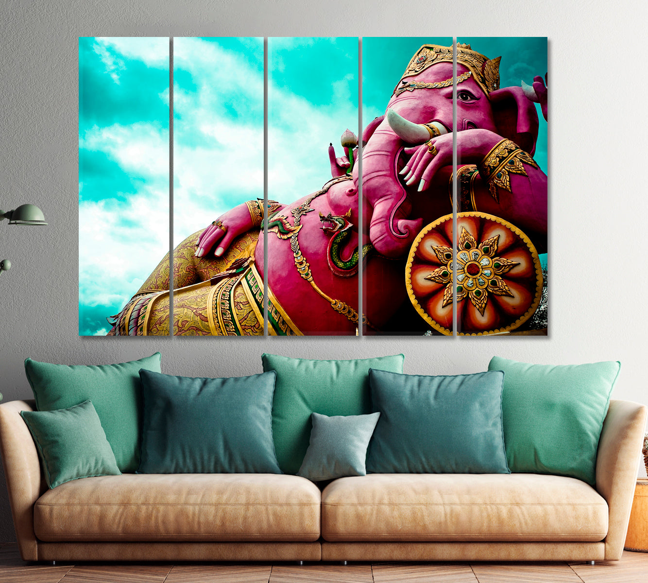 Ganesha India God Pink Elephant Buddha Religious Modern Art Artesty 5 panels 36" x 24" 