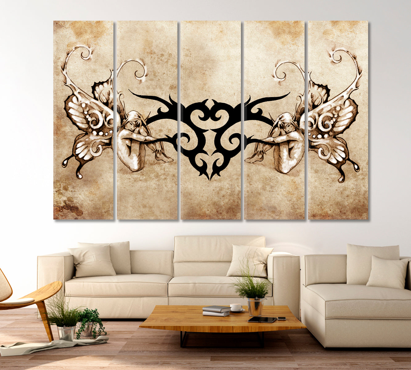 TRIBAL WITH TWO NYMPHS Angels on Vintage Background Vintage Affordable Canvas Print Artesty 5 panels 36" x 24" 