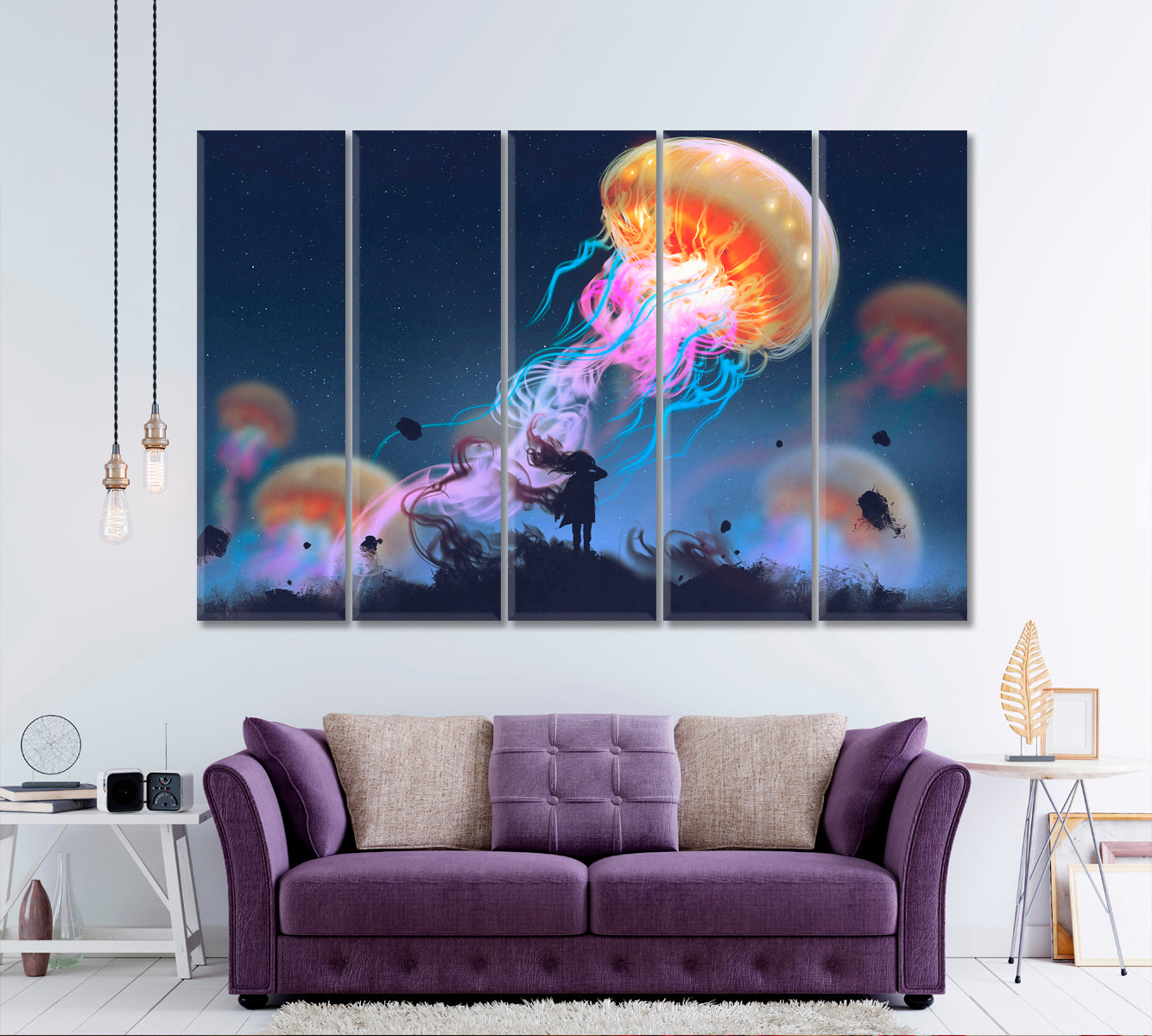 Giant Jellyfish Floating in Sky And Girl Surreal Painting Surreal Fantasy Large Art Print Décor Artesty 5 panels 36" x 24" 