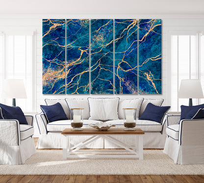 GOLDEN VIENS Marble Effect Abstract Swirl Agate Ripples Artistic Design Giclée Print Fluid Art, Oriental Marbling Canvas Print Artesty 5 panels 36" x 24" 