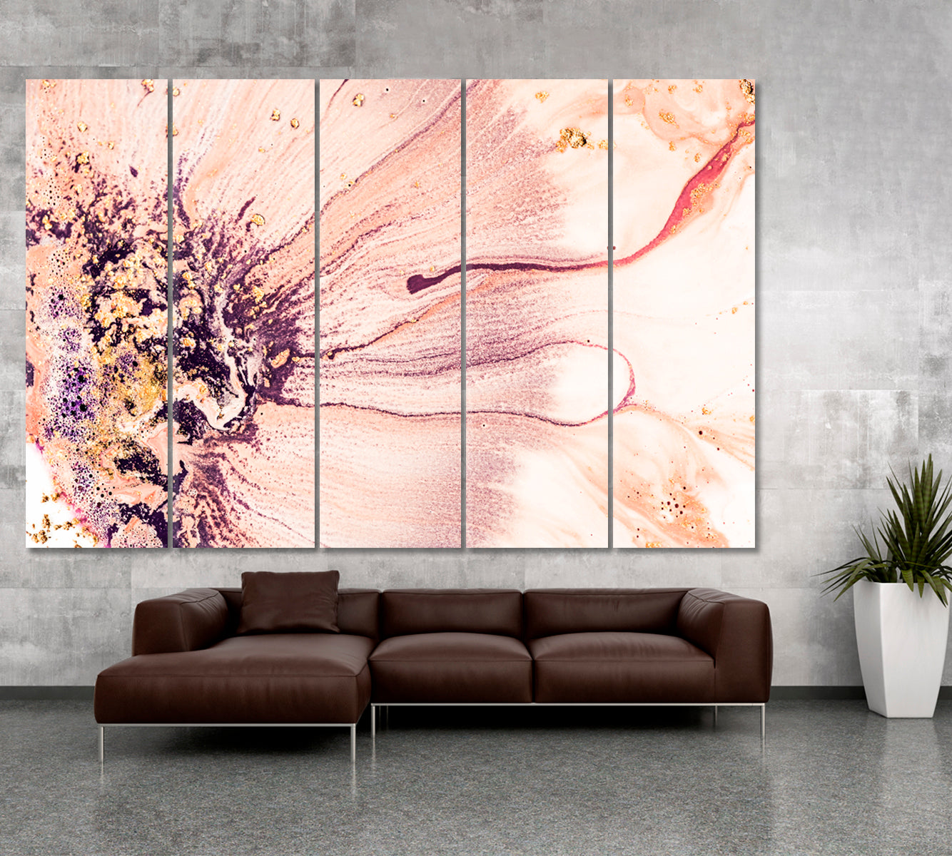 MARBLE Luxury Coral Colors Golden Powder Contemporary Fluid Art, Oriental Marbling Canvas Print Artesty 5 panels 36" x 24" 
