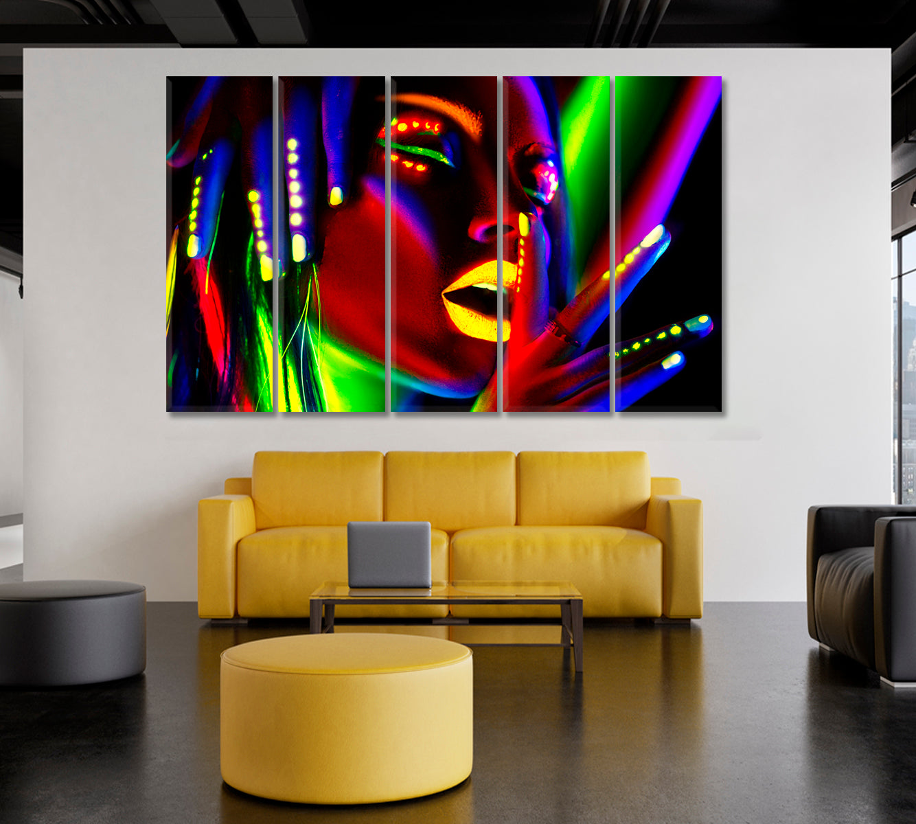 Fashion Beautiful Model Woman Neon Light Body Art Design Fashion Canvas Print Artesty 5 panels 36" x 24" 