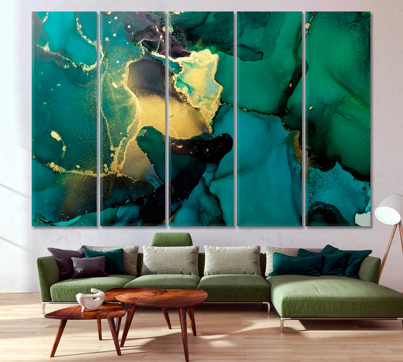 Luxury Abstract Fluid Art Painting Alcohol Ink Green and Gold Fluid Art, Oriental Marbling Canvas Print Artesty   