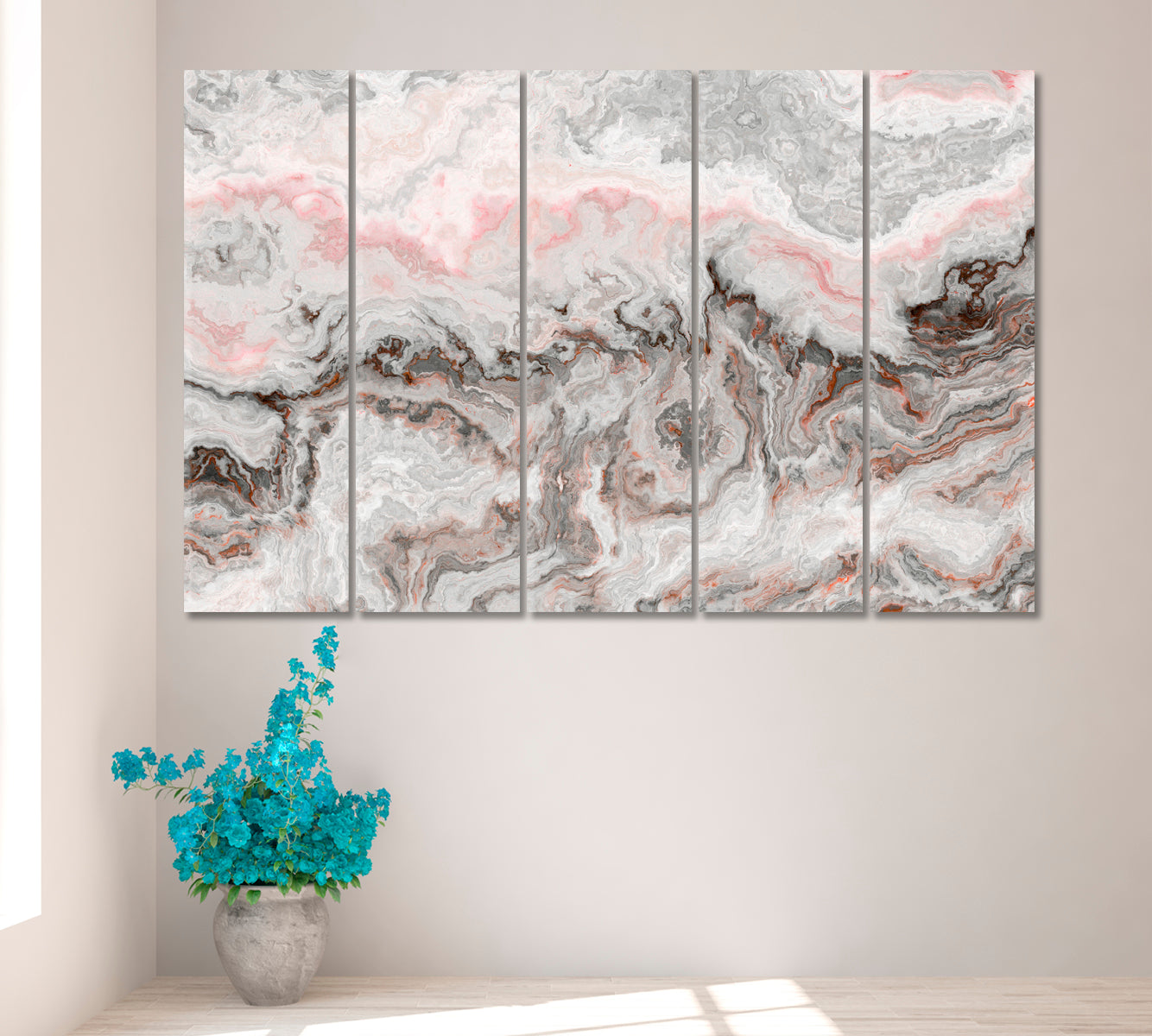 Marble Pattern Gray Off White Pink Beige Pastel Colors Fluid Art, Oriental Marbling Canvas Print Artesty 5 panels 36" x 24" 