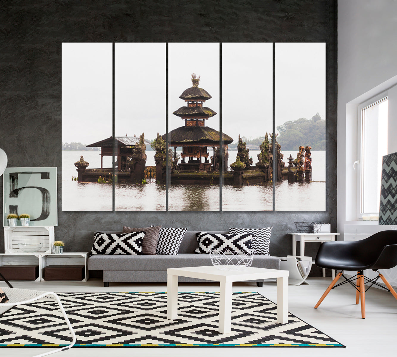 ASIA Antique Temple Bali Misty Landscape Ulun Danu Bratan Asian Style Canvas Print Wall Art Artesty 5 panels 36" x 24" 