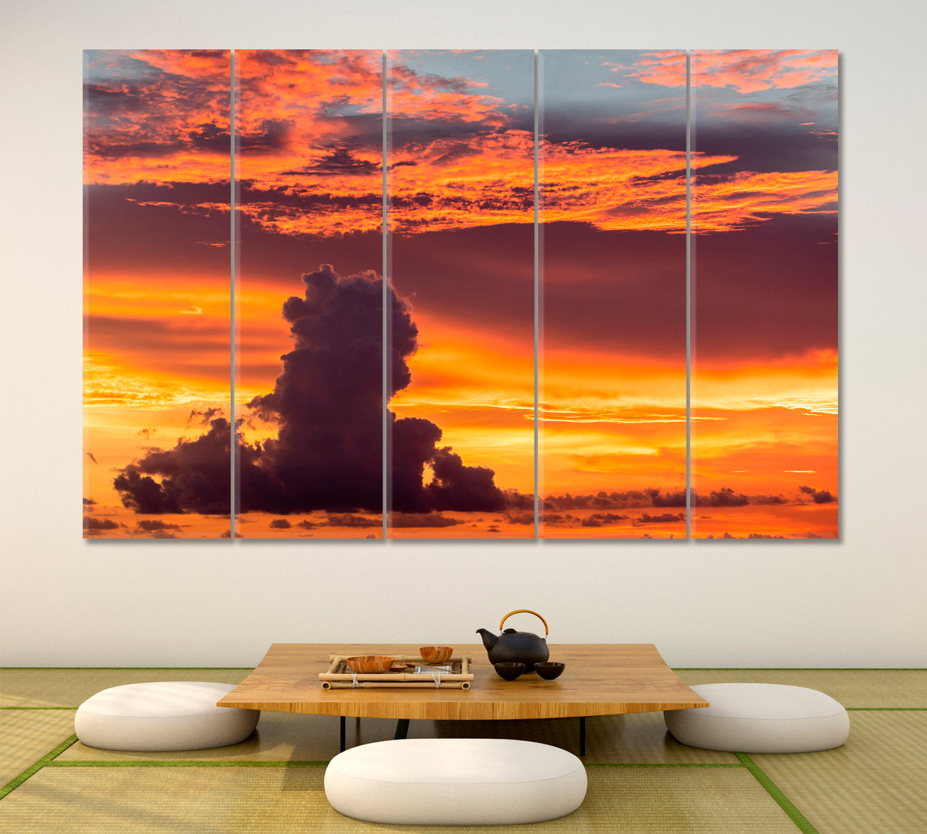 SKYSCAPE Tropical Sunset Amazing Red Orange Pink Clouds Majestic Colorful Canvas Print Skyscape Canvas Artesty 5 panels 36" x 24" 