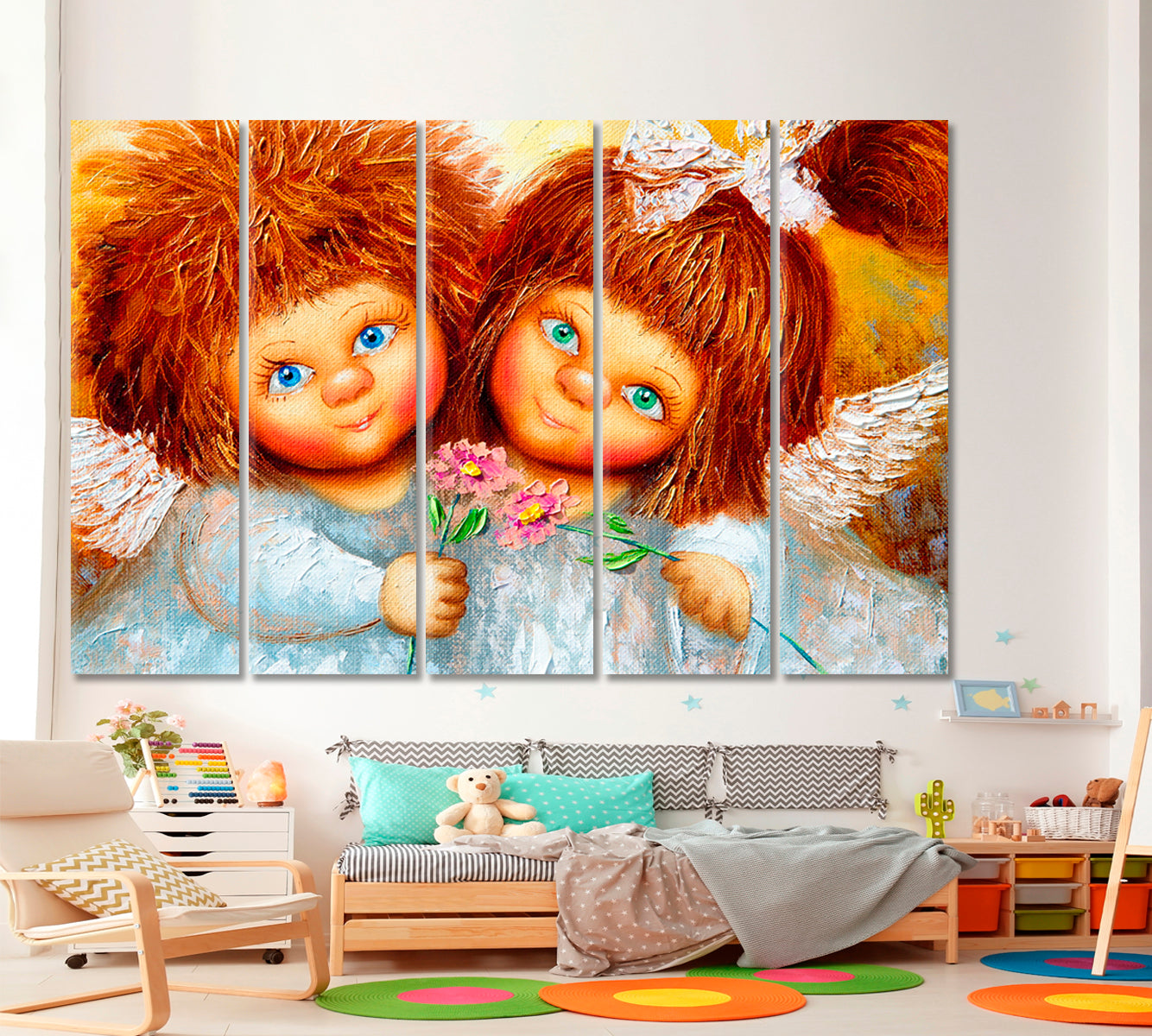 Two Cute Little Girls Angels with Shaggy Red Hair Fine Art Canvas Print Kids Room Canvas Art Print Artesty 5 panels 36" x 24" 