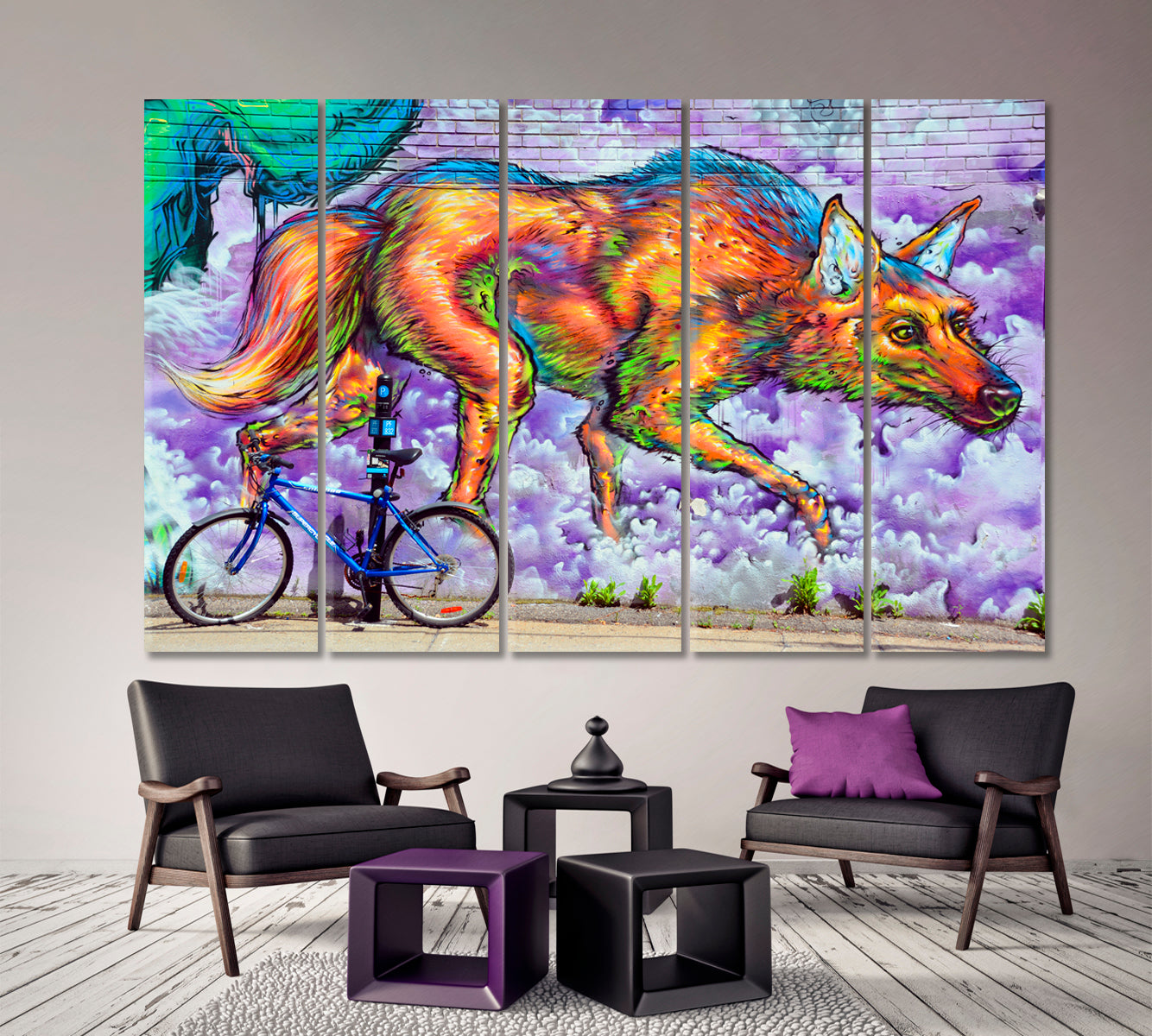 WOLFE Street Art Montreal Canada  Vibrant Graffiti Canvas Print Street Art Canvas Print Artesty 5 panels 36" x 24" 