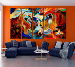 ABSTRACT INTERPLAY Mystic Profiles Colorful Patterns Symbols Vivid Shapes Abstract Art Print Artesty 5 panels 36" x 24" 