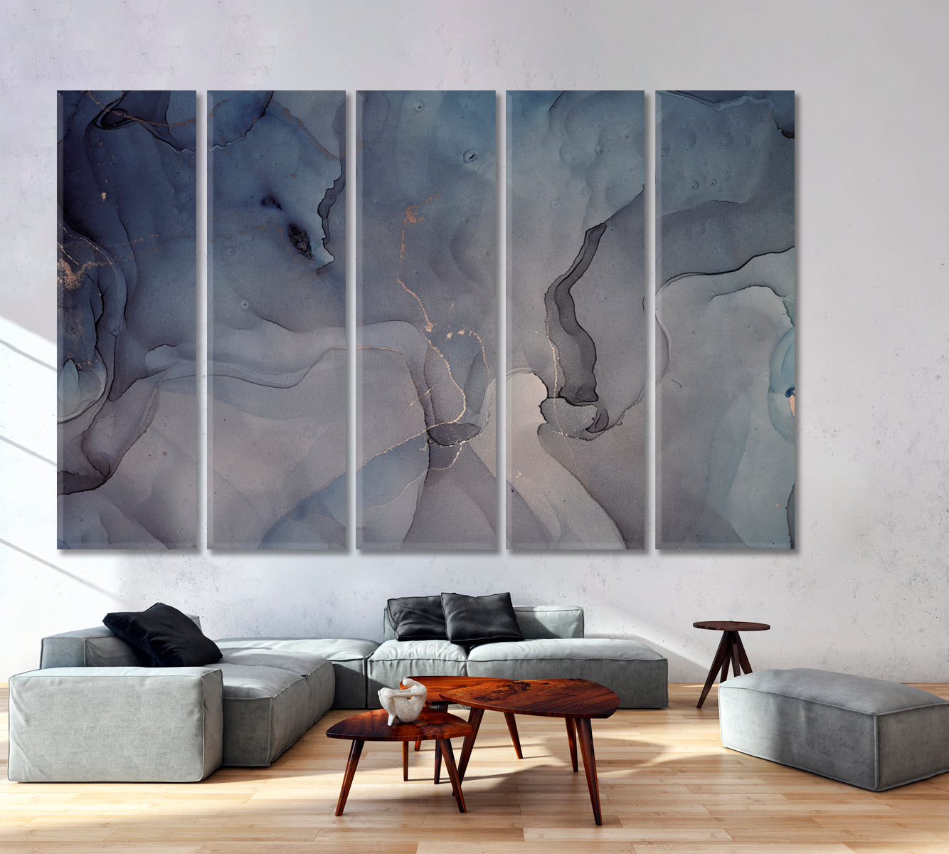 GRAY BLUE Alcohol Ink Colors Translucent Abstract Marble Fluid Art, Oriental Marbling Canvas Print Artesty 5 panels 36" x 24" 