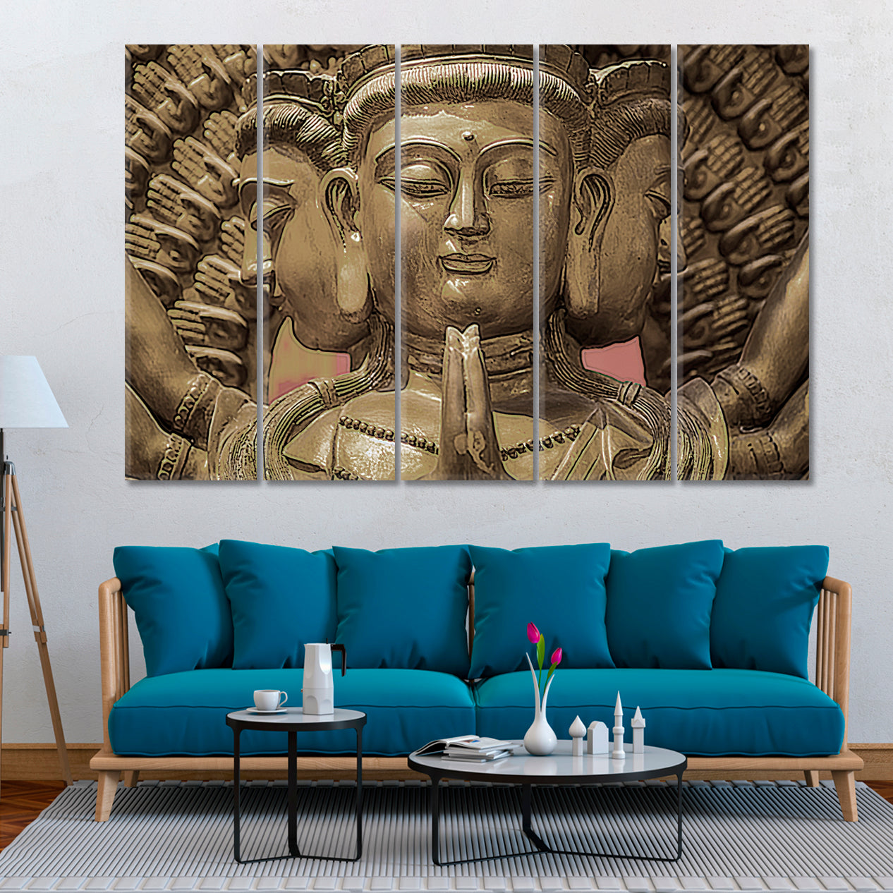 BUDDHA Chinese Temple Bangkok Thailand Religious Modern Art Artesty 5 panels 36" x 24" 