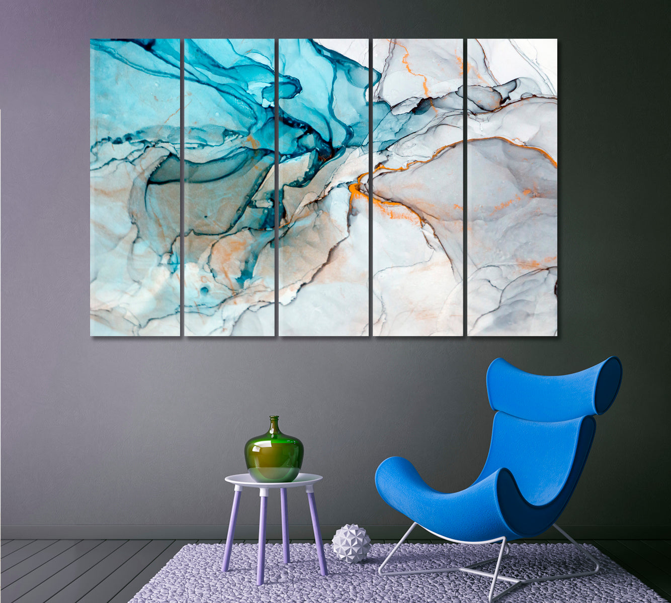 Translucent Marble Blue Gray Oriental Ink Painting Fluid Art, Oriental Marbling Canvas Print Artesty 5 panels 36" x 24" 