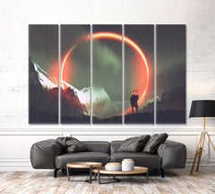 NIGHT SCENERY Man and Mystic Light Circle Landscape Surreal Fantasy Large Art Print Décor Artesty 5 panels 36" x 24" 