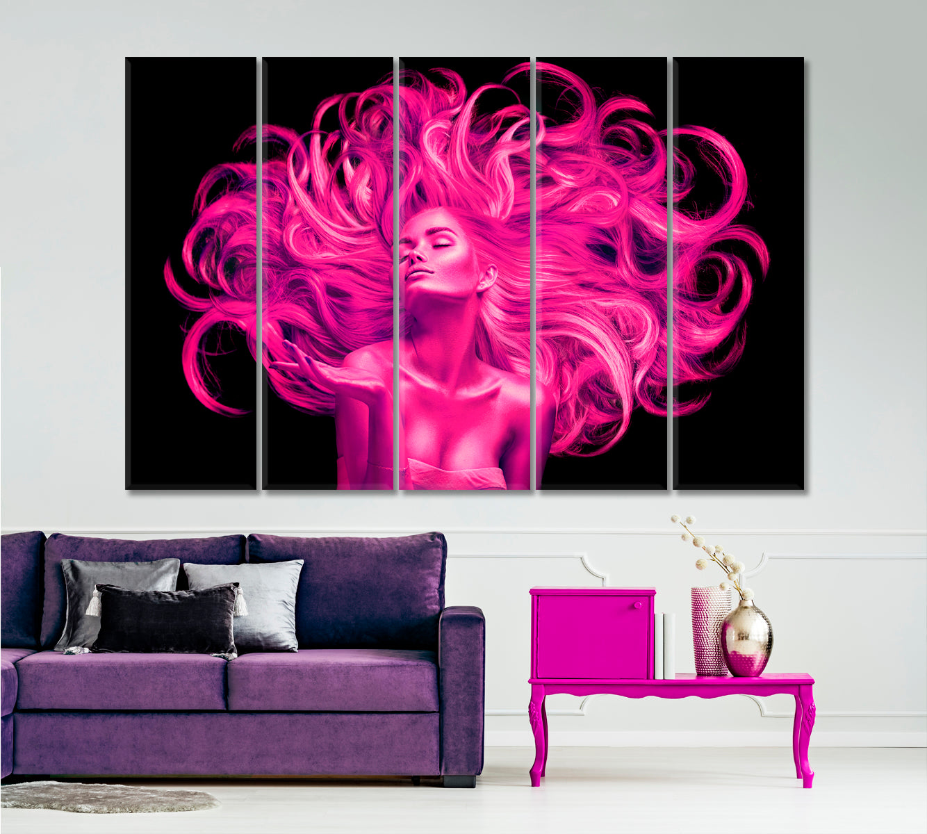 Pink Fluttering Hair Beautiful Woman Hairstyle Beauty Salon Concept Beauty Salon Artwork Prints Artesty 5 panels 36" x 24" 