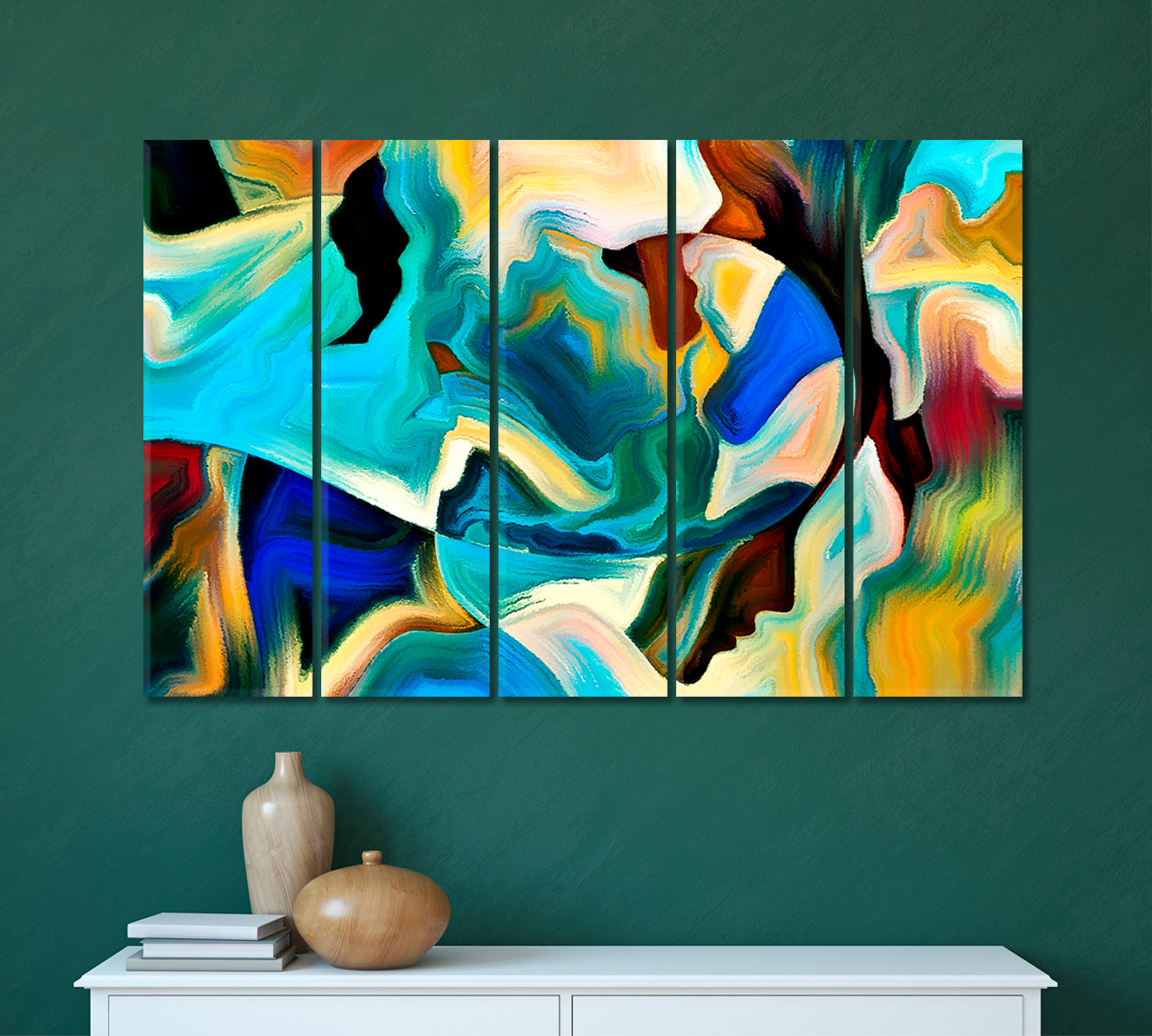 Sacred Reality Abstraction, Human Profiles Lines Colors And Shapes Abstract Art Print Artesty 5 panels 36" x 24" 