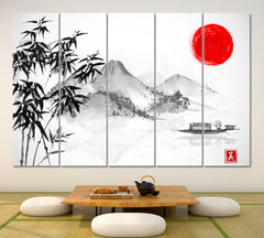 ZEN Traditional Oriental Sumi-e Asian Style Canvas Print Wall Art Artesty 5 panels 36" x 24" 