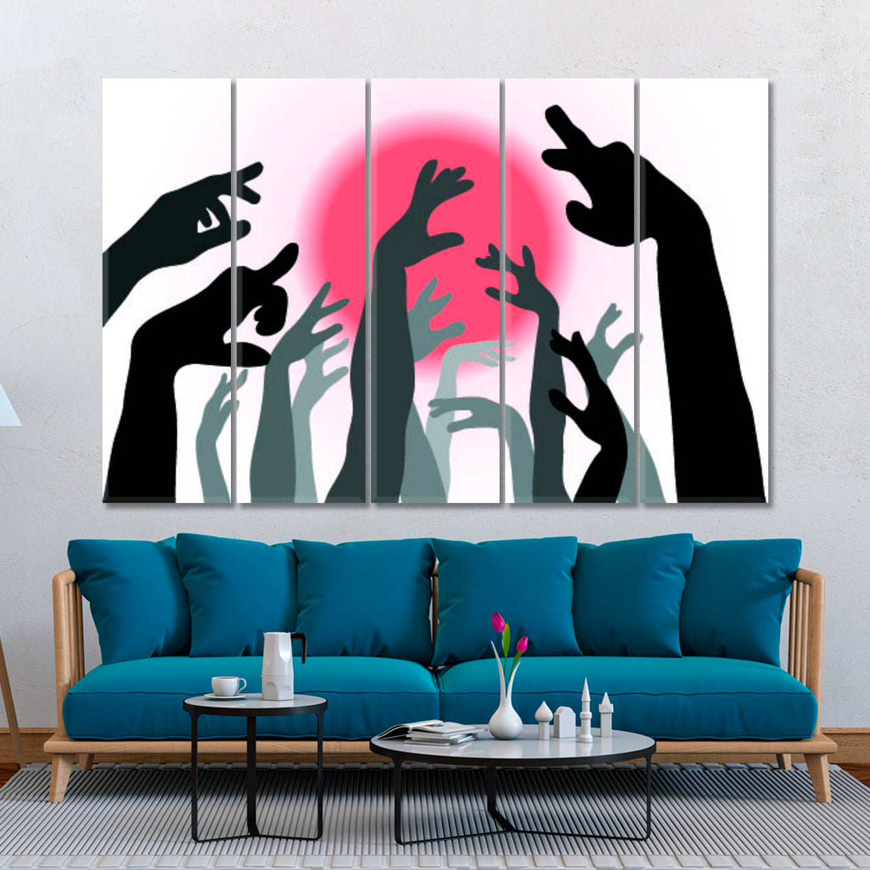 WORD LOVE HANDS Hands and Sun Silhouettes Abstract Art Print Artesty 5 panels 36" x 24" 