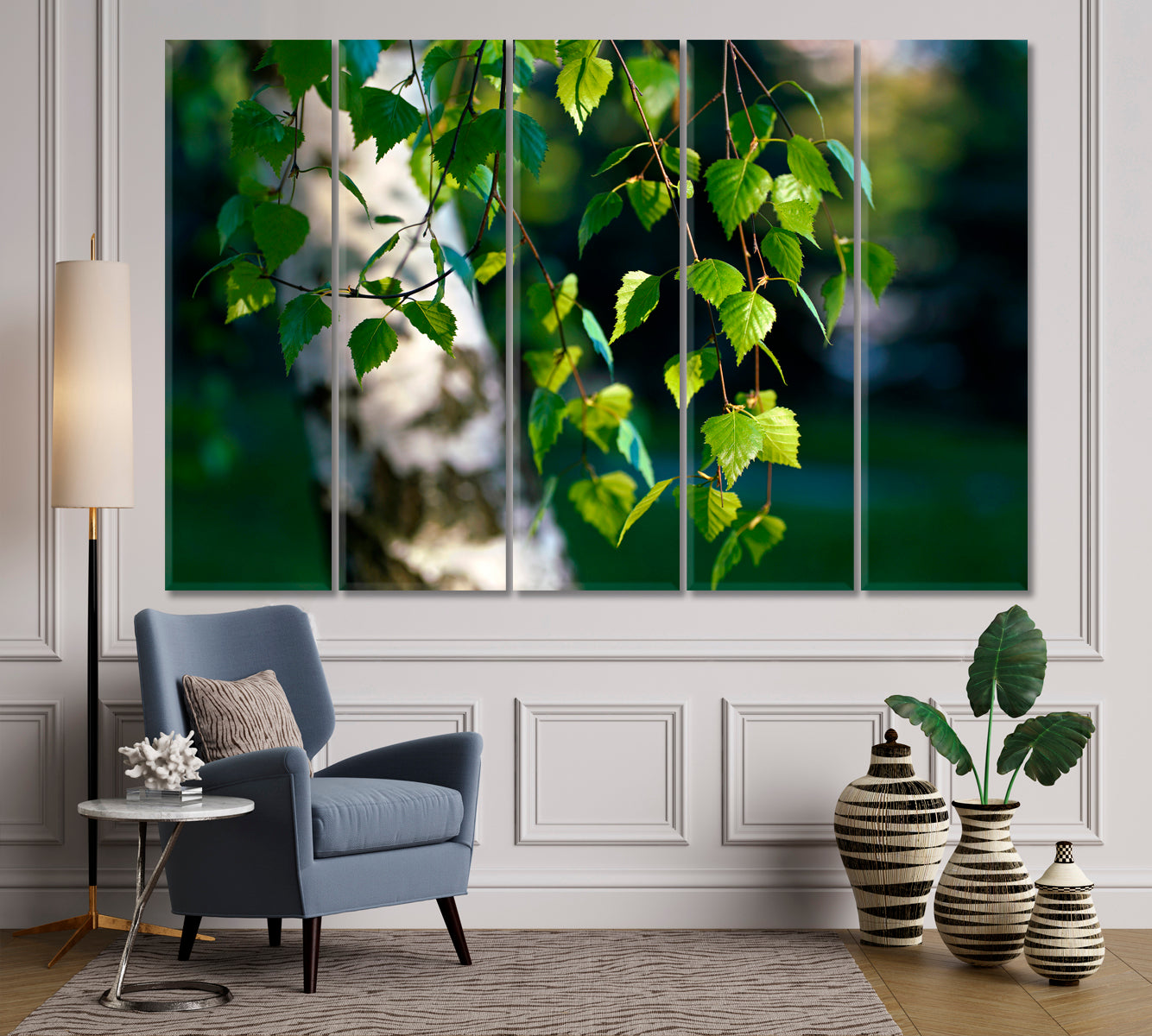 Spring Awakening White Birch Trees Green Leaves Branches Nature Wall Canvas Print Artesty 5 panels 36" x 24" 