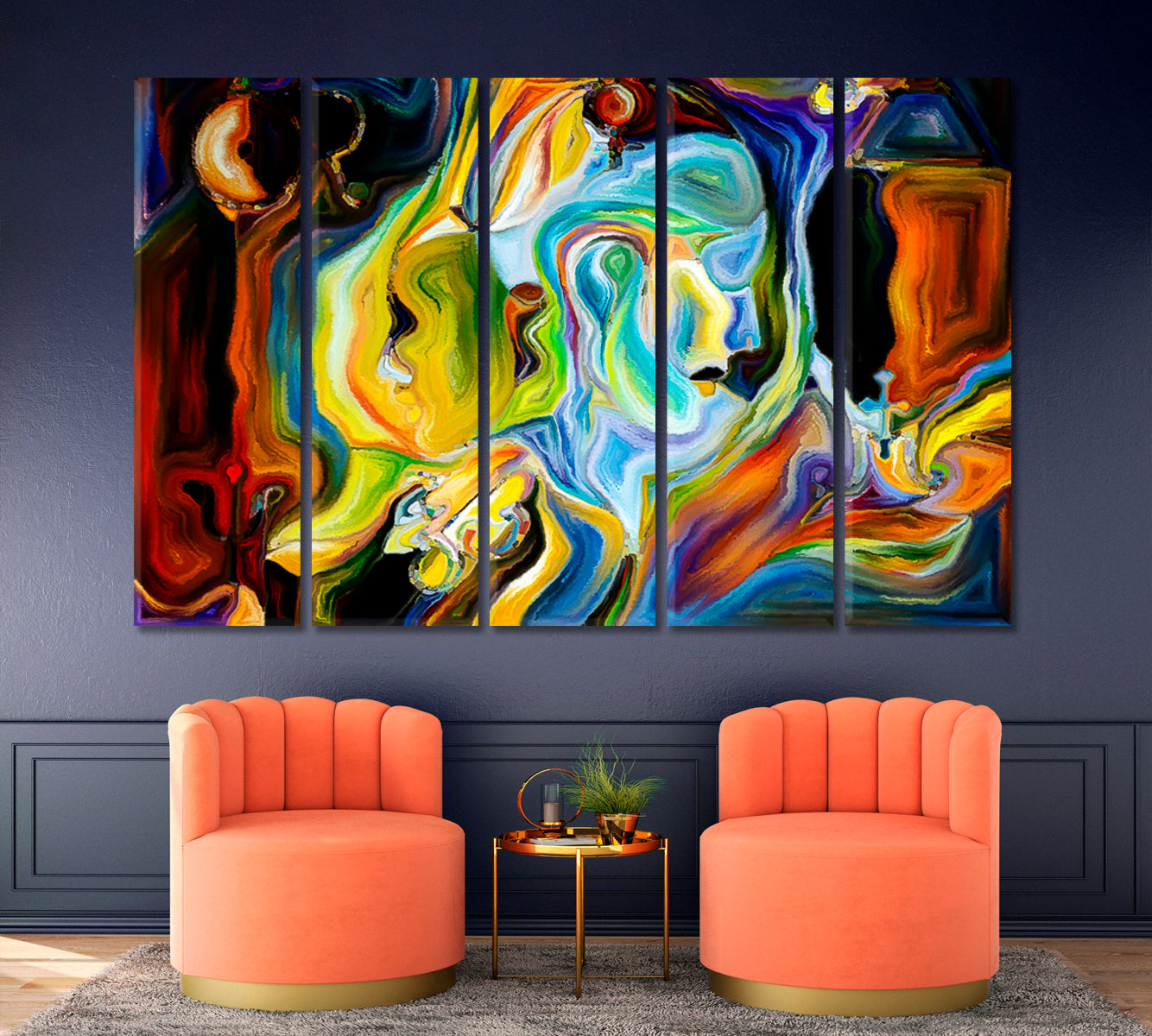 Behind Consciousness. Surreal World Of Colors And Curves Contemporary Art Artesty 5 panels 36" x 24" 