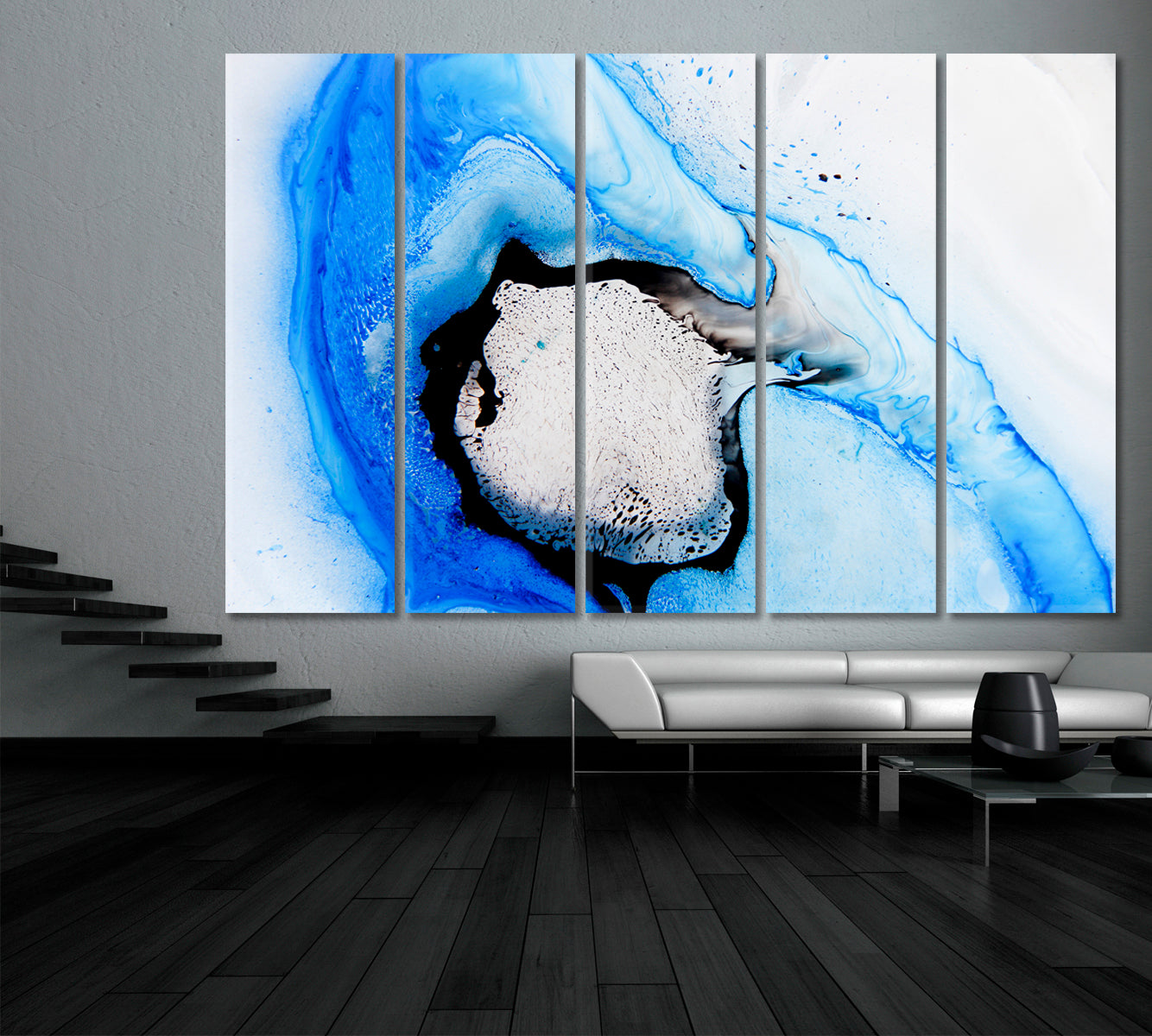 OIL STAINS Beautiful Abstract Dark Blue Mixed Acrylic Marble Fluid Art, Oriental Marbling Canvas Print Artesty 5 panels 36" x 24" 