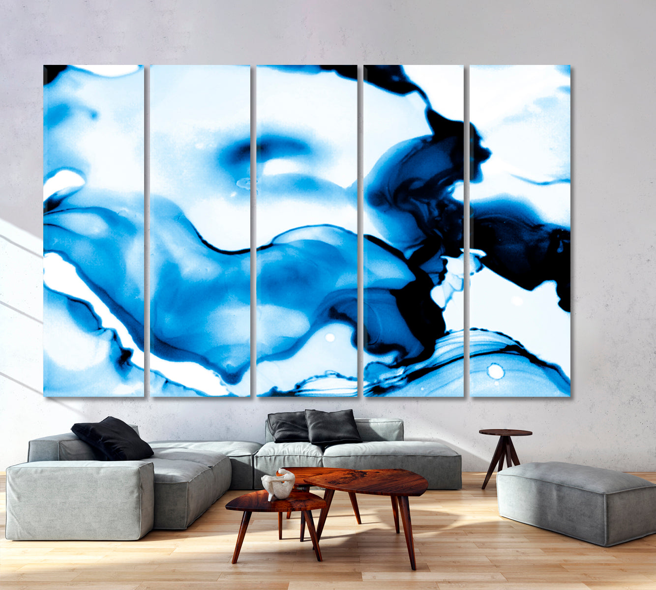 INK IN WATER Marble Abstract Clouds White Navy Blue Cold Colors Fluid Art, Oriental Marbling Canvas Print Artesty 5 panels 36" x 24" 