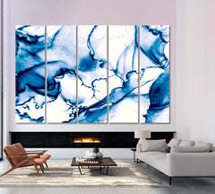 INK IN WATER Navy Blue Abstract Marble Veins Fluid Art, Oriental Marbling Canvas Print Artesty 5 panels 36" x 24" 