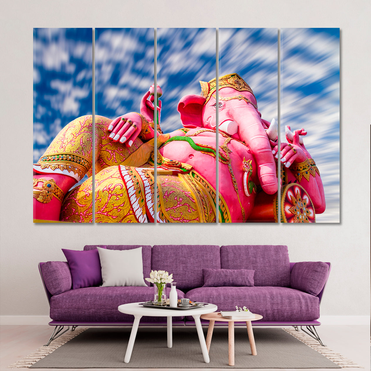 Pink Ganesha Statue Wat Samarn Chachoengsao Thailand Religious Modern Art Artesty 5 panels 36" x 24" 