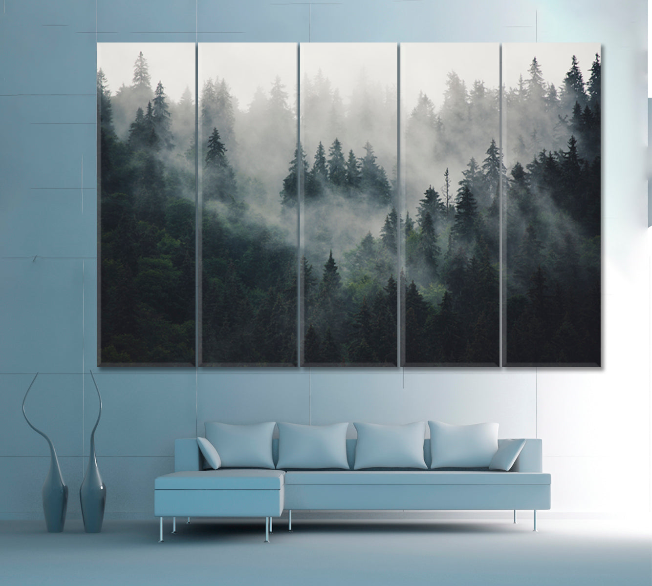 Misty Landscape Fir Forest in Hipster Vintage Retro Style Canvas Print Nature Wall Canvas Print Artesty   