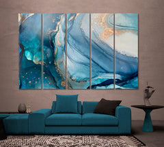 SPARKLING FLOW Abstract Blue Marble Fluid Art Turquoise Veins Fluid Art, Oriental Marbling Canvas Print Artesty 5 panels 36" x 24" 