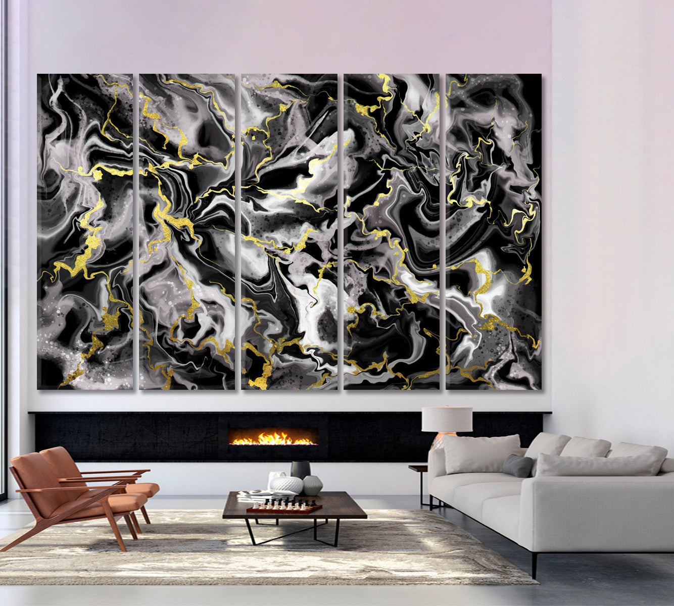 Liquid Marble Black Smoke Gold Splashes Fluid Fluid Art, Oriental Marbling Canvas Print Artesty 5 panels 36" x 24" 