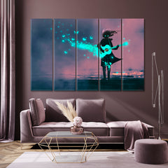 MUSIC OF THE NIGHT Fantastic Neon Glowing Guitar Sparks Purple Space Surreal Fantasy Large Art Print Décor Artesty 5 panels 36" x 24" 