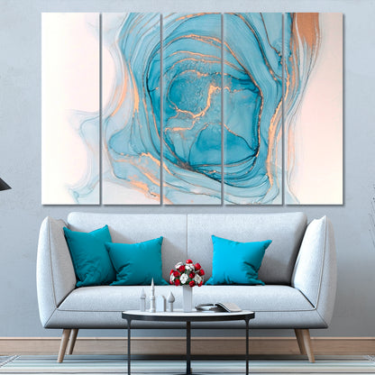 SPRING LAKE Soft Blue Cerulean Marble Abstract Fluid Ink Pattern Fluid Art, Oriental Marbling Canvas Print Artesty 5 panels 36" x 24" 